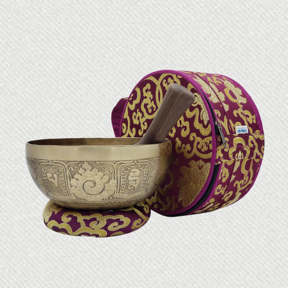 8 Inch Tibetan Singing Bowls with Hand Etched Mantras and Symbols