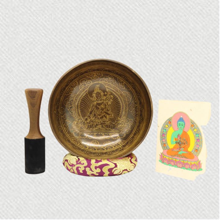 Handmade Tibetan Singing Bowl with Wooden mallet, silk cushion 