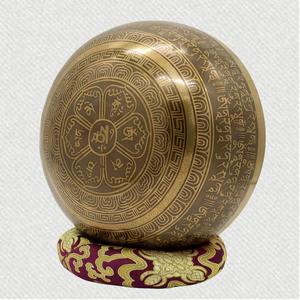Old Tibetan Singing Bowl with Wooden mallet, silk cushion