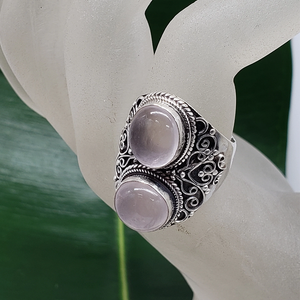 Handmade 925 Sterling silver Finger ring, double Rose quartz