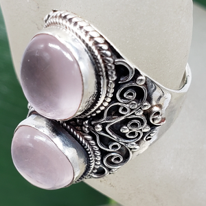 Handmade 925 Sterling silver Finger ring, double Rose quartz