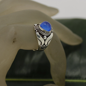 Hand crafted 952 Sterling silver ring Blue onyx natural gemstone