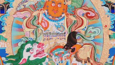 Beautiful thangka painting of patterns and other figures.