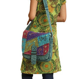 lady carrying printed hippie bag