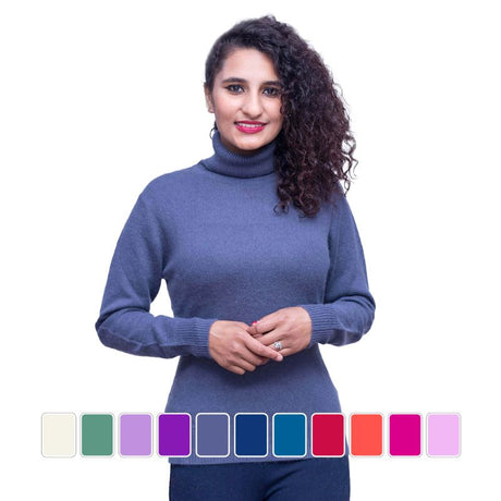 women wearing pure blue color cashmere pashmina turtle neck