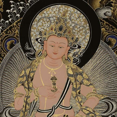 Beautiful thangka painting of Buddha  surrounded by patterns