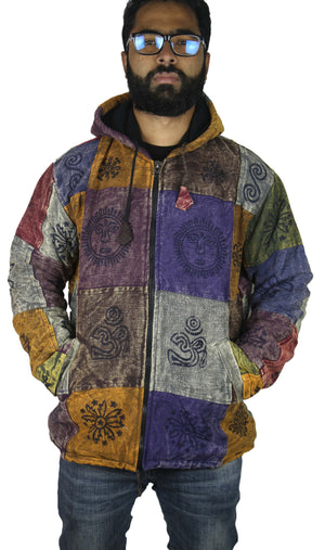 Unisex 100% Handloom Cotton Patchwork Vibrant Stonewashed Warm Winter Handmade Jacket - Khusi 