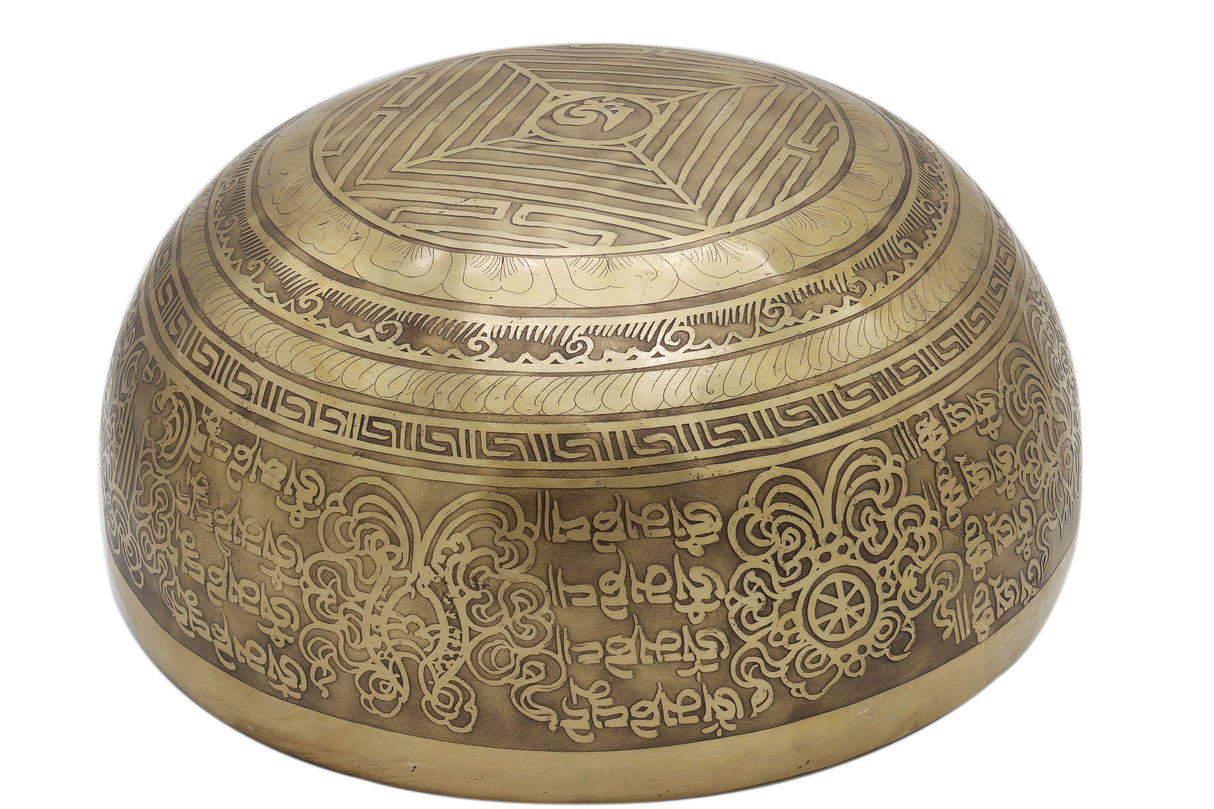 10" Tibetan Singing Bowl Carved with Green Tara and Mantra - Khusi 