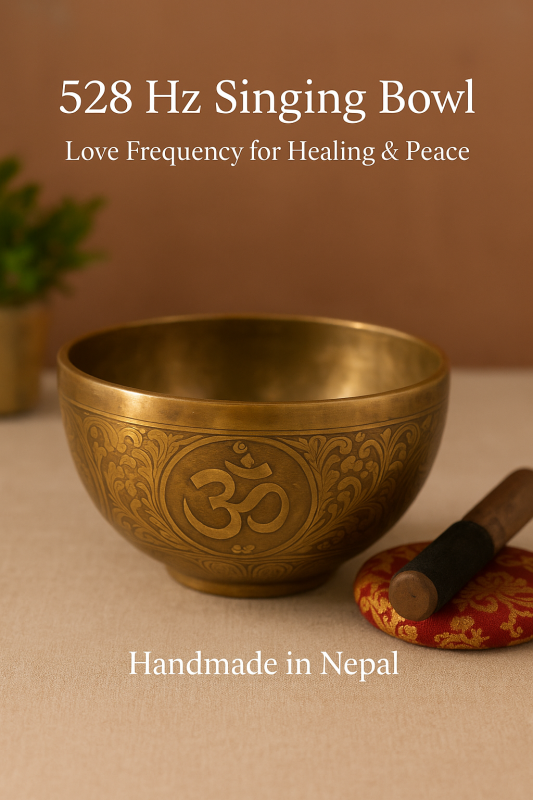 Authentic 528 Hz Tibetan singing bowl handmade in Nepal for meditation, sound healing, and spiritual therapy.