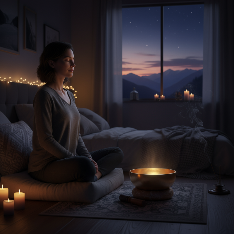 Evening meditation practice with Himalayan singing bowl for better sleep and relaxation