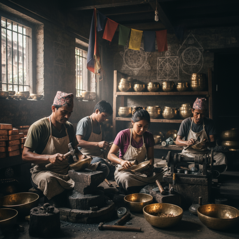 Nepali artisan crafting authentic singing bowl using traditional hand-hammering techniques