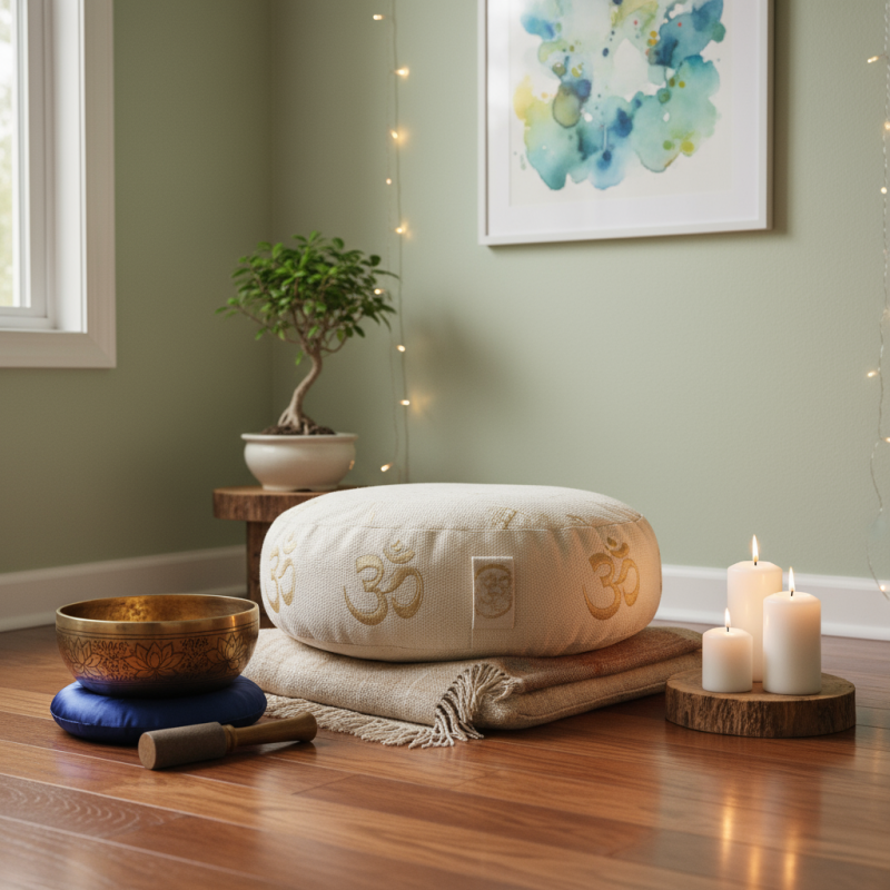 Peaceful meditation corner with authentic singing bowl, cushion, and candles for beginners